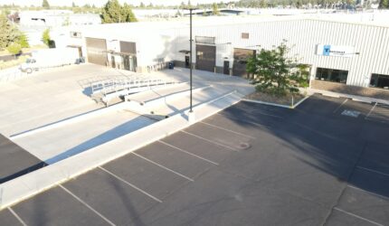 Industrial building exterior drone shot